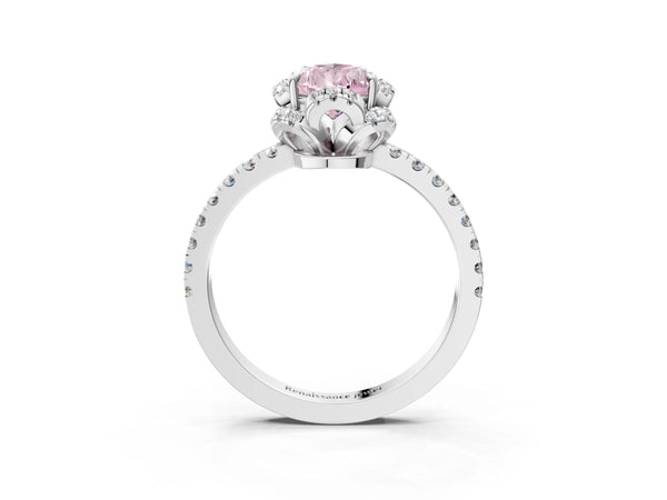 White gold Fancy Pink Pear Cut Diamond Halo Pave Band with Four-Prong Setting