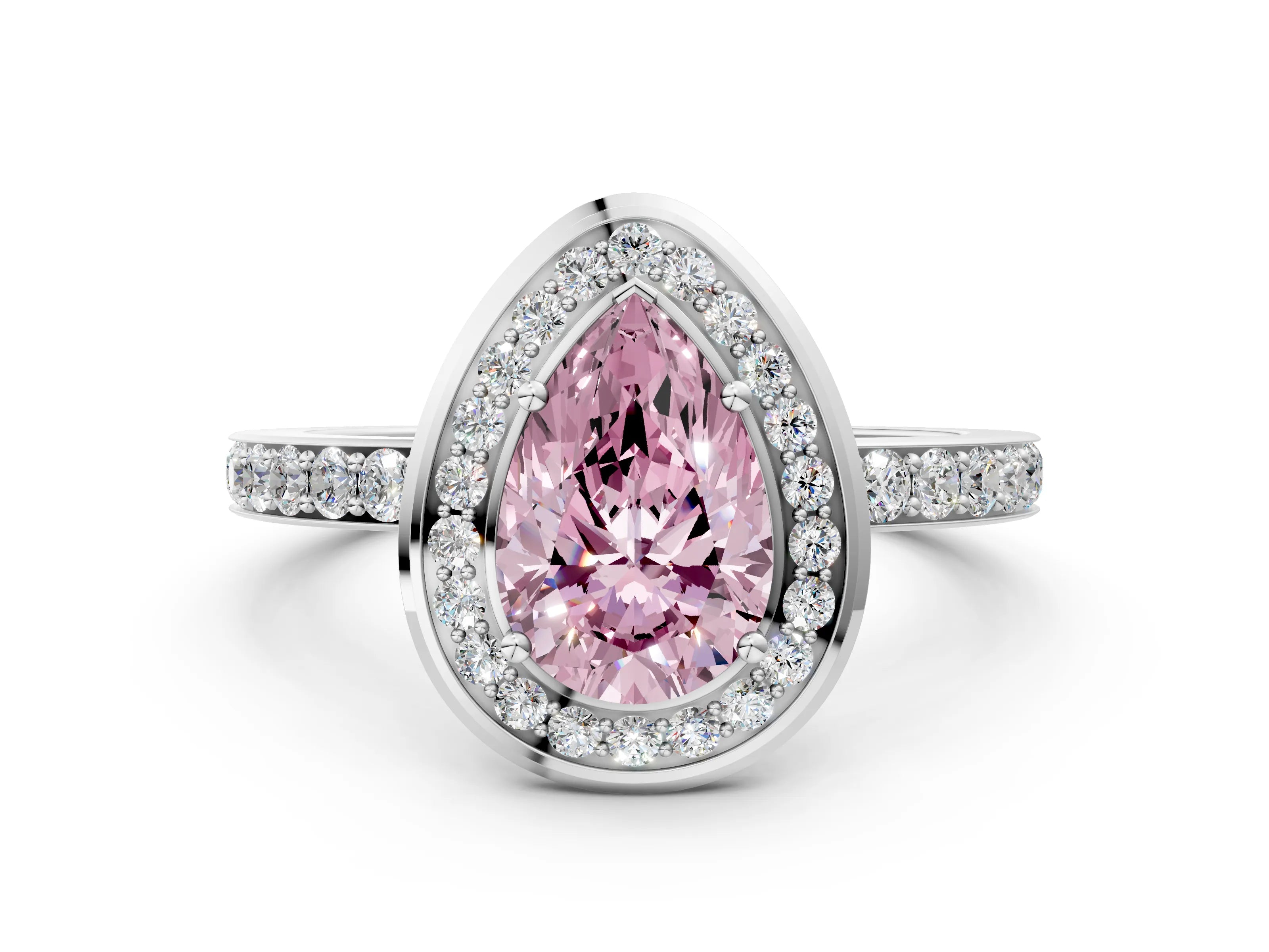 White gold Fancy Pink Pear Cut Diamond Halo Ring with Bezel Frame and Pavé Band