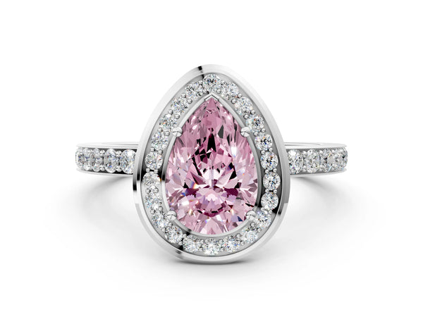 Platinum Fancy Pink Pear Cut Diamond Halo Ring with Bezel Frame and Pavé Band