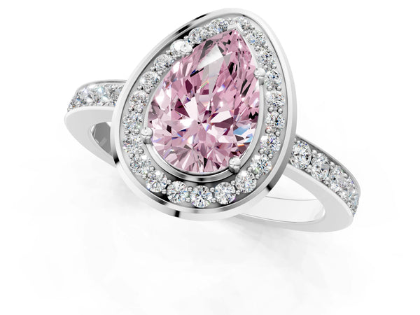 Platinum Fancy Pink Pear Cut Diamond Halo Ring with Bezel Frame and Pavé Band