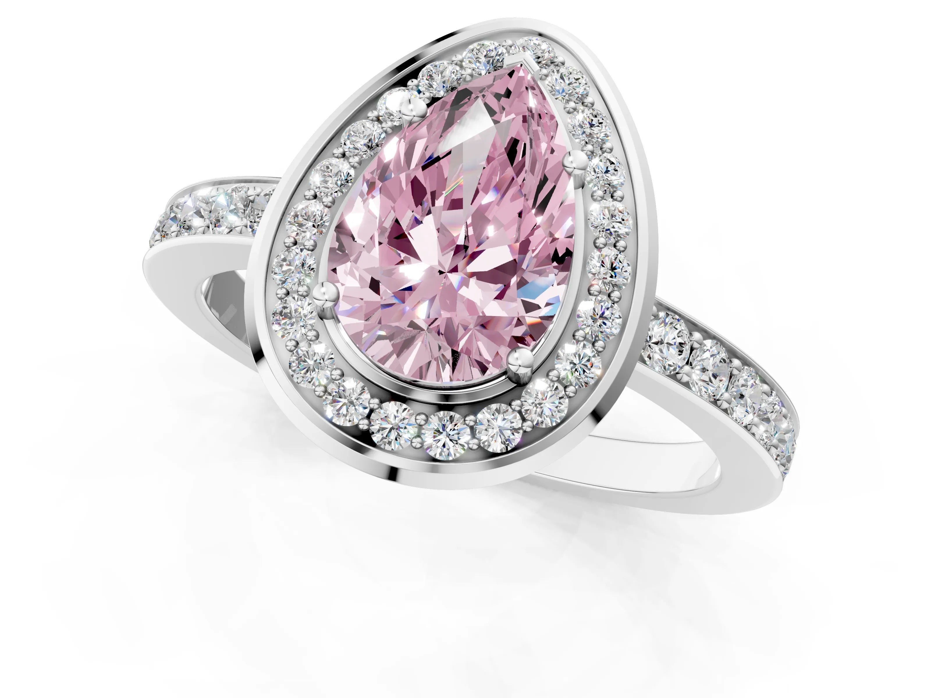 White gold Fancy Pink Pear Cut Diamond Halo Ring with Bezel Frame and Pavé Band_1