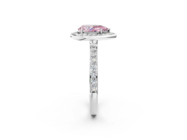 Platinum Fancy Pink Pear Cut Diamond Halo Ring with Bezel Frame and Pavé Band