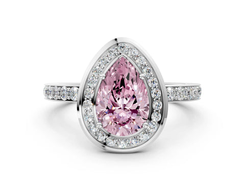 White gold Fancy Pink Pear Cut Diamond Halo Ring with Bezel Frame and Pavé Band