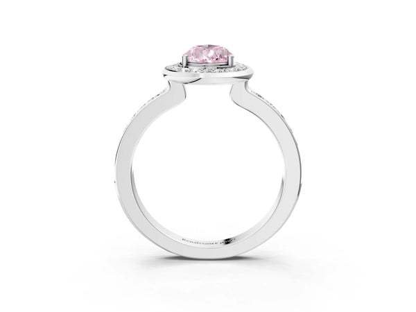 Platinum Fancy Pink Pear Cut Diamond Halo Ring with Bezel Frame and Pavé Band