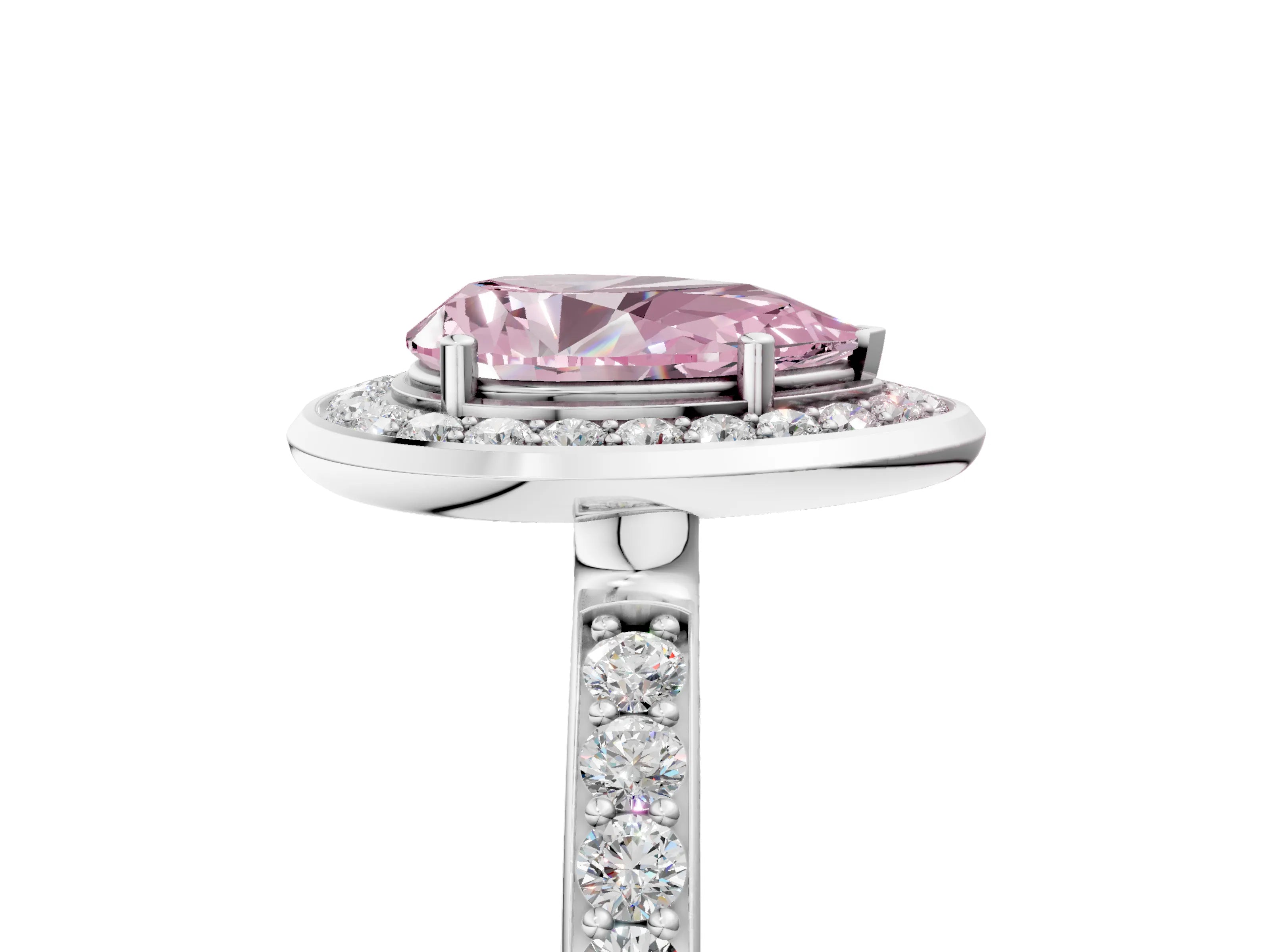 White gold Fancy Pink Pear Cut Diamond Halo Ring with Bezel Frame and Pavé Band_5