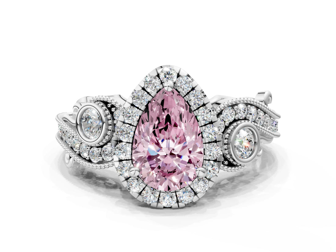 White gold Fancy Pink Pear Cut Diamond Halo Ring with Milgrain Pavé Band and Four-Prong Setting_65
