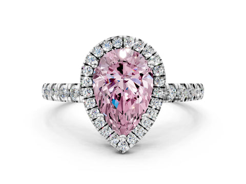 White gold Fancy Pink Pear Cut Diamond Halo Ring with Pavé Band and Four-Prong Setting