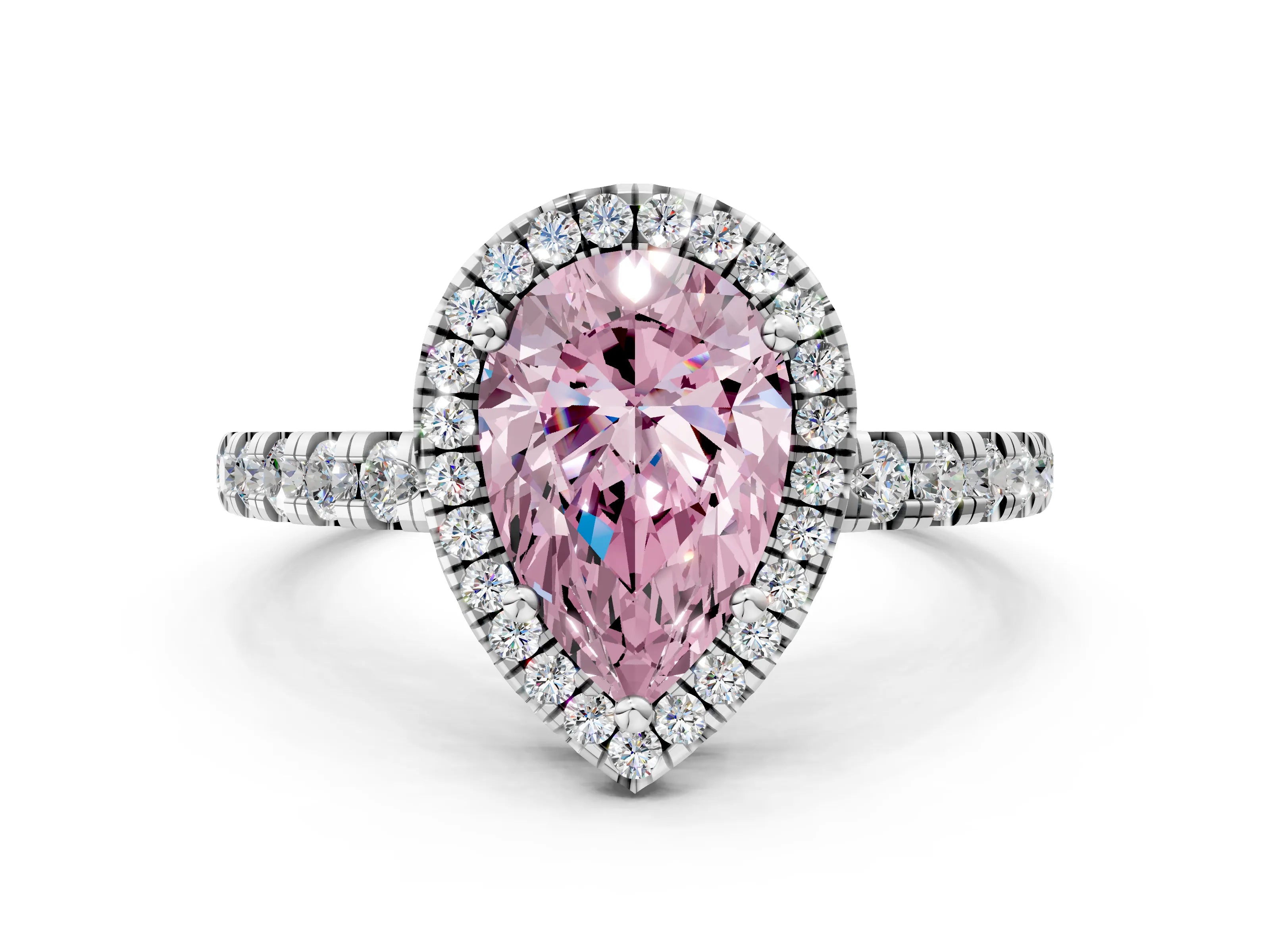 White gold Fancy Pink Pear Cut Diamond Halo Ring with Pavé Band and Four-Prong Setting