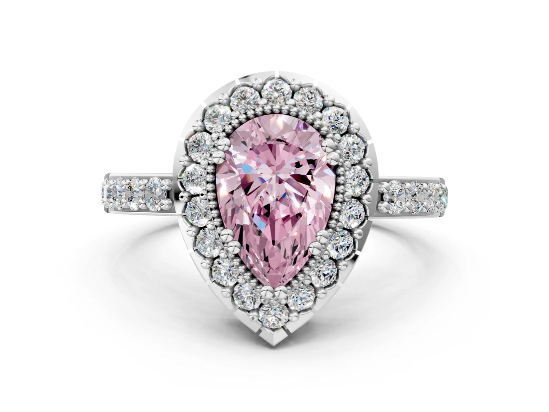 White gold Fancy Pink Pear Cut Diamond Halo Ring with Pavé Band and Prong Setting_12