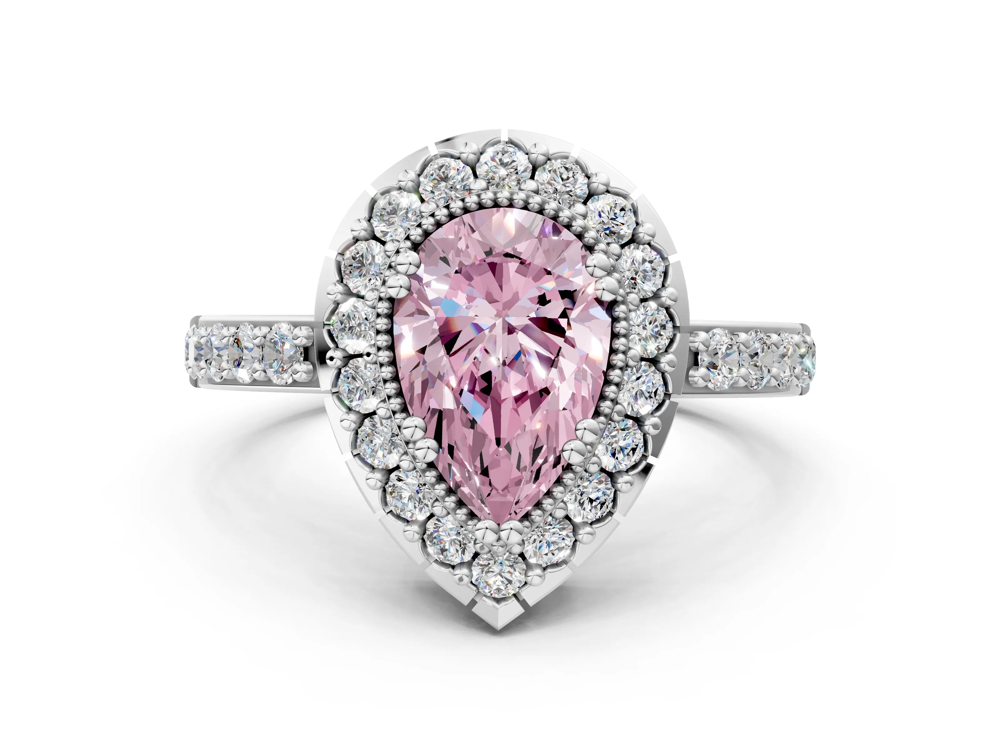 White gold Fancy Pink Pear Cut Diamond Halo Ring with Pavé Band and Prong Setting_12