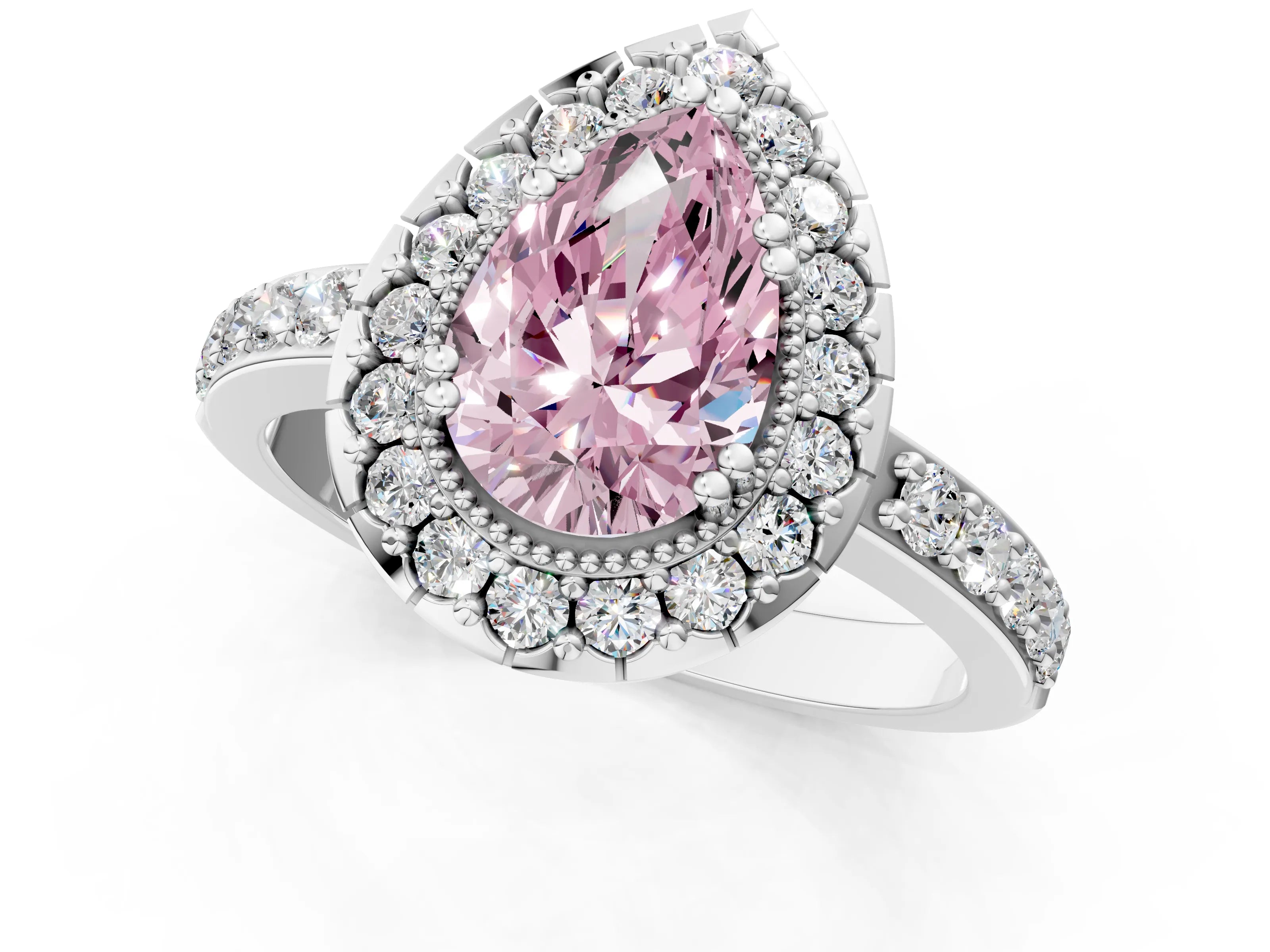 White gold Fancy Pink Pear Cut Diamond Halo Ring with Pavé Band and Prong Setting_13