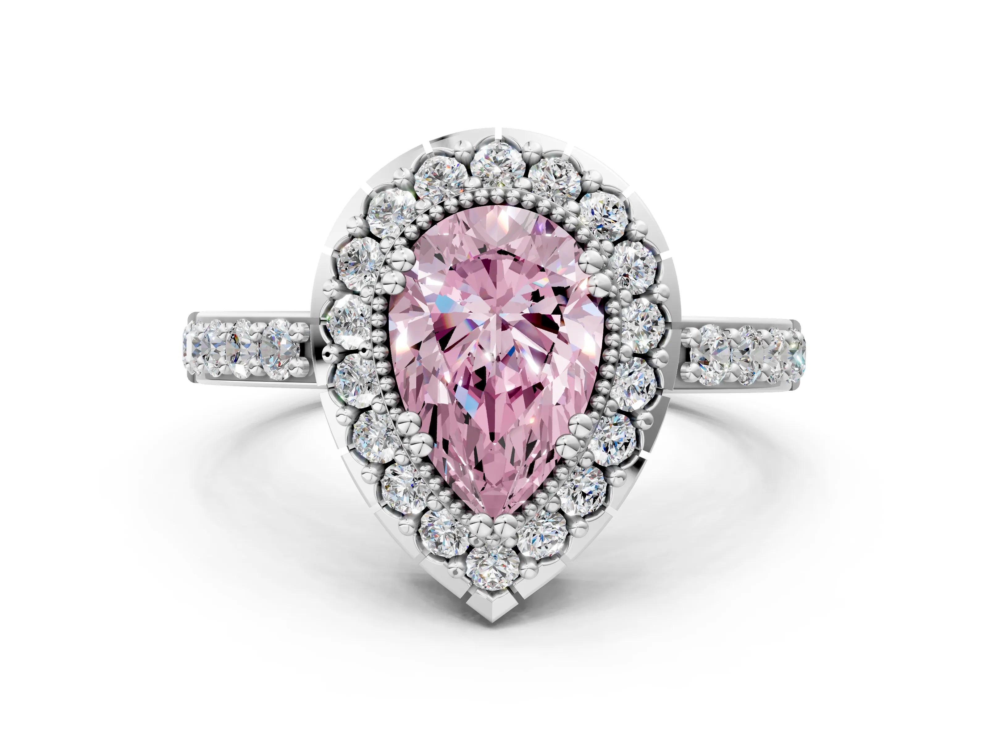 White gold Fancy Pink Pear Cut Diamond Halo Ring with Pavé Band and Prong Setting