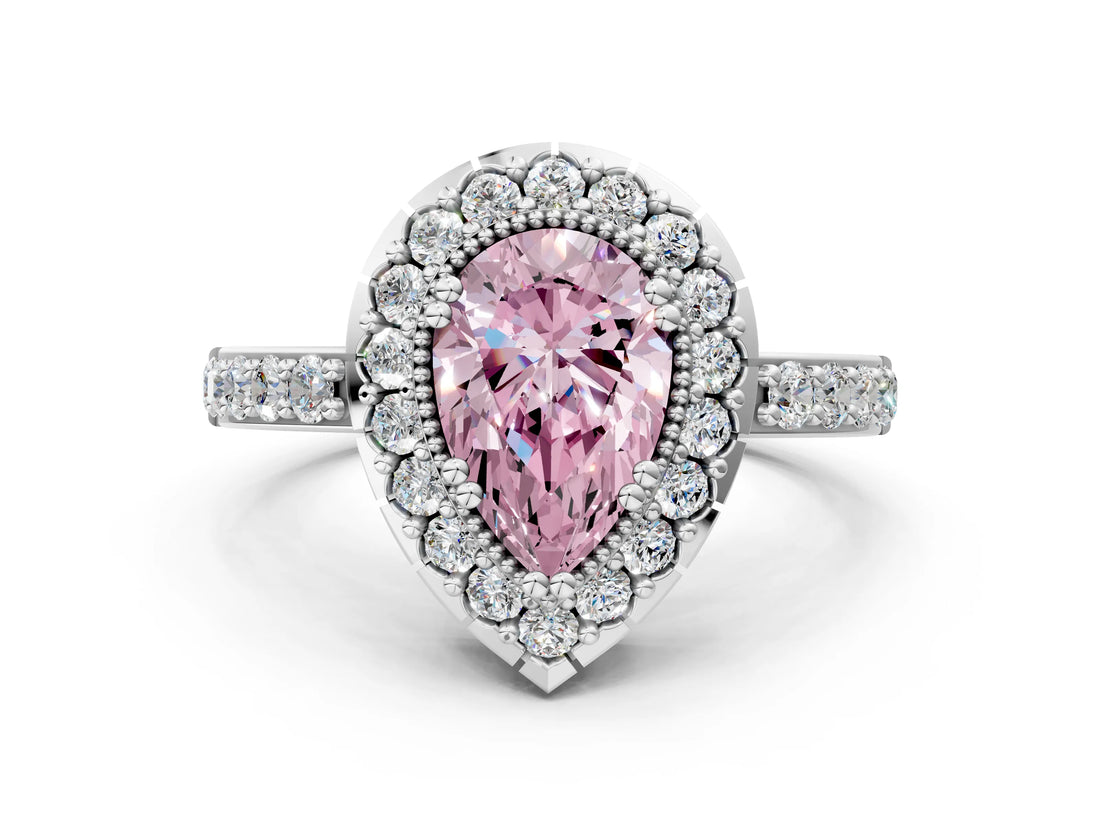 White gold Fancy Pink Pear Cut Diamond Halo Ring with Pavé Band and Prong Setting