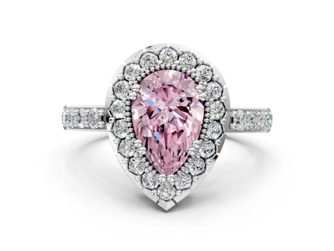 White gold Fancy Pink Pear Cut Diamond Halo Ring with Pavé Band and Prong Setting