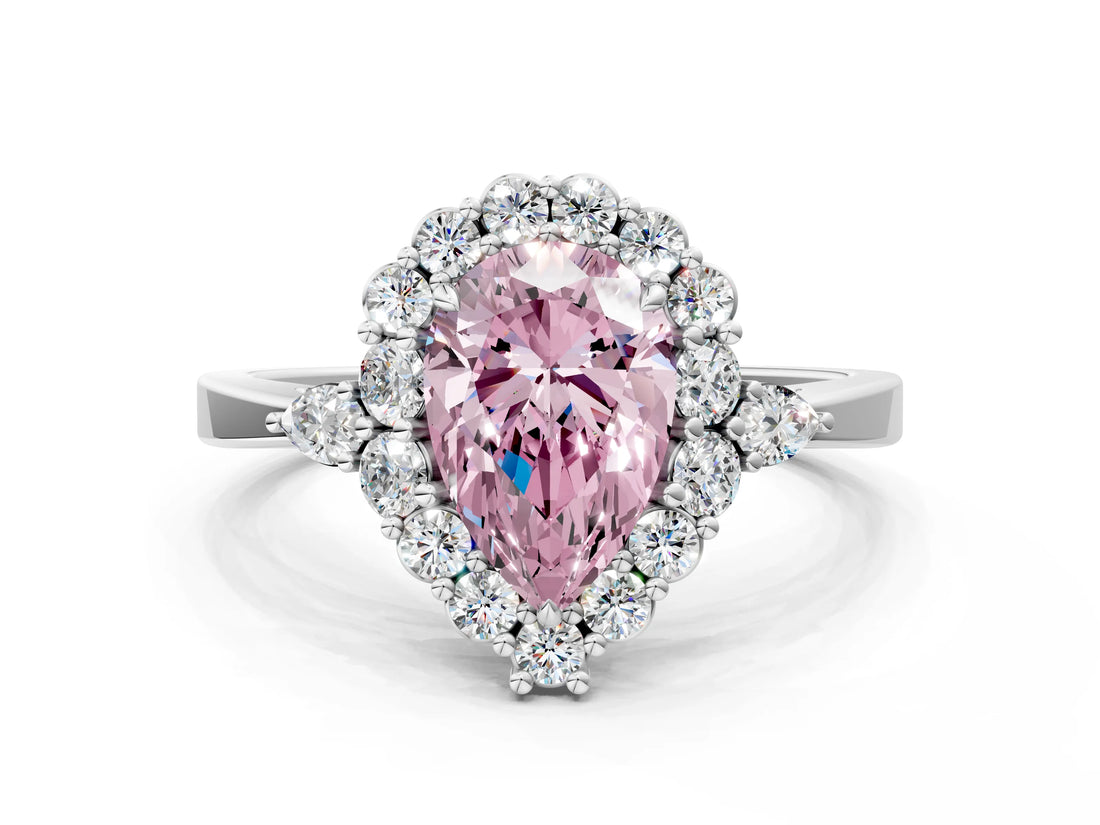 White gold Fancy Pink Pear Cut Diamond Halo Ring with Pear Side Stones and Prong Setting_85