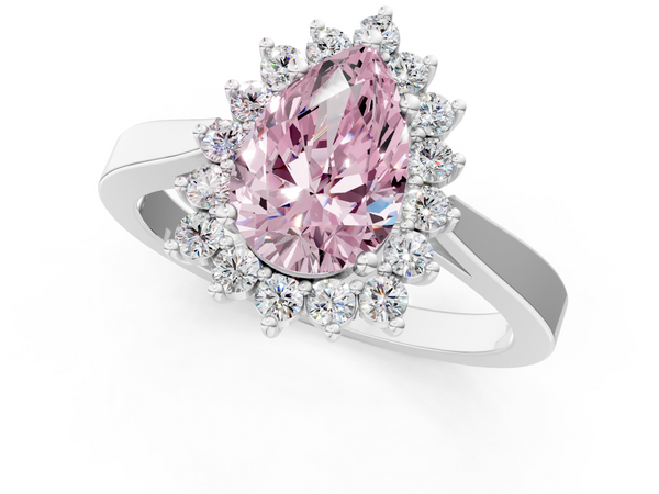 Platinum Fancy Pink Pear  Cut Diamond Halo Ring with Round Brilliant Halo and Solitaire Band
