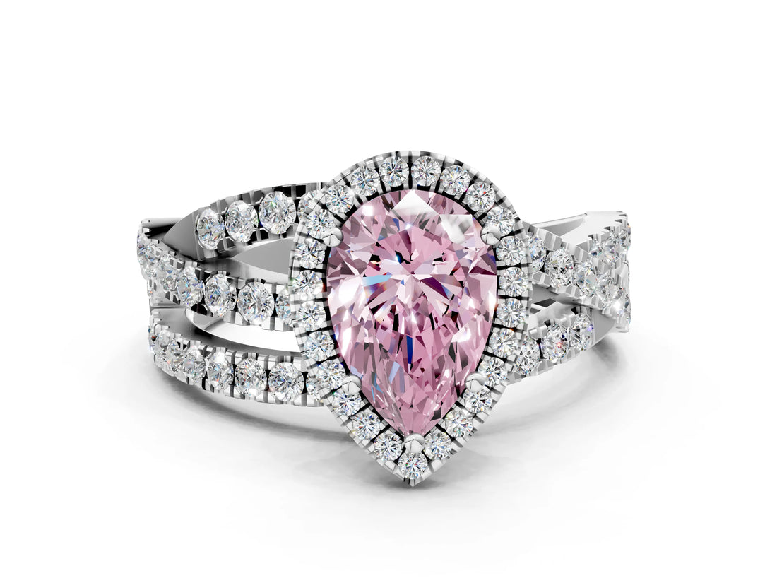 White gold Fancy Pink Pear Cut Diamond Halo Ring with Round Split Shank and Prong Setting_62