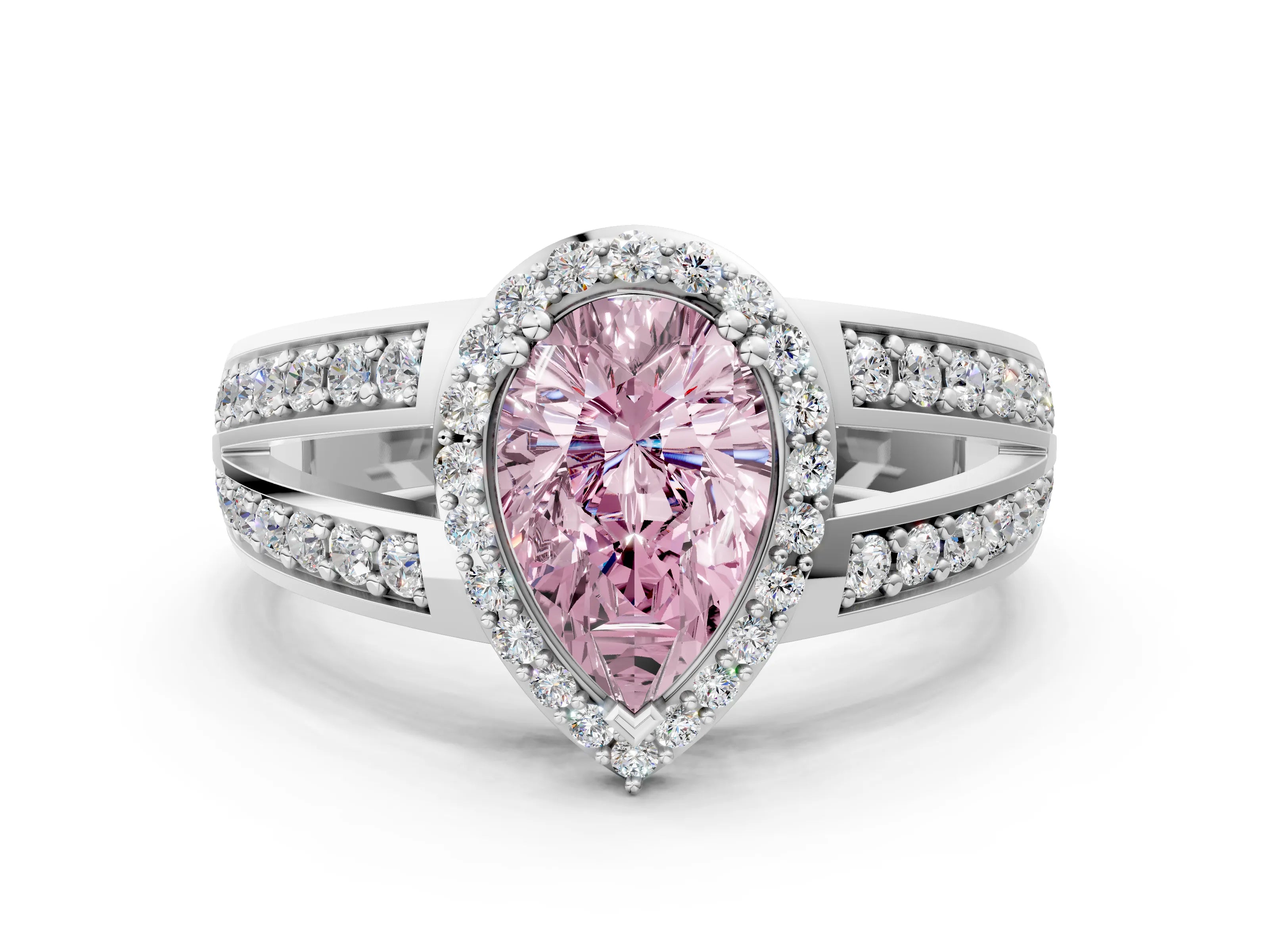 White gold Fancy Pink Pear Cut Diamond Halo Ring with Split Shank Pavé Band and Four-Prong Setting_12
