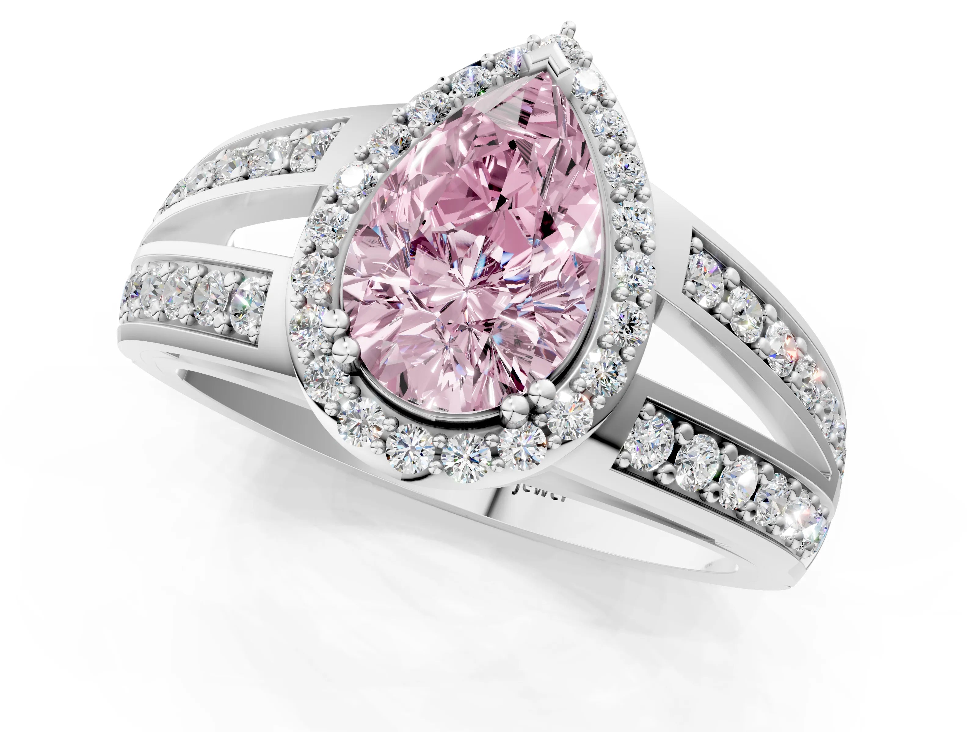 White gold Fancy Pink Pear Cut Diamond Halo Ring with Split Shank Pavé Band and Four-Prong Setting_13