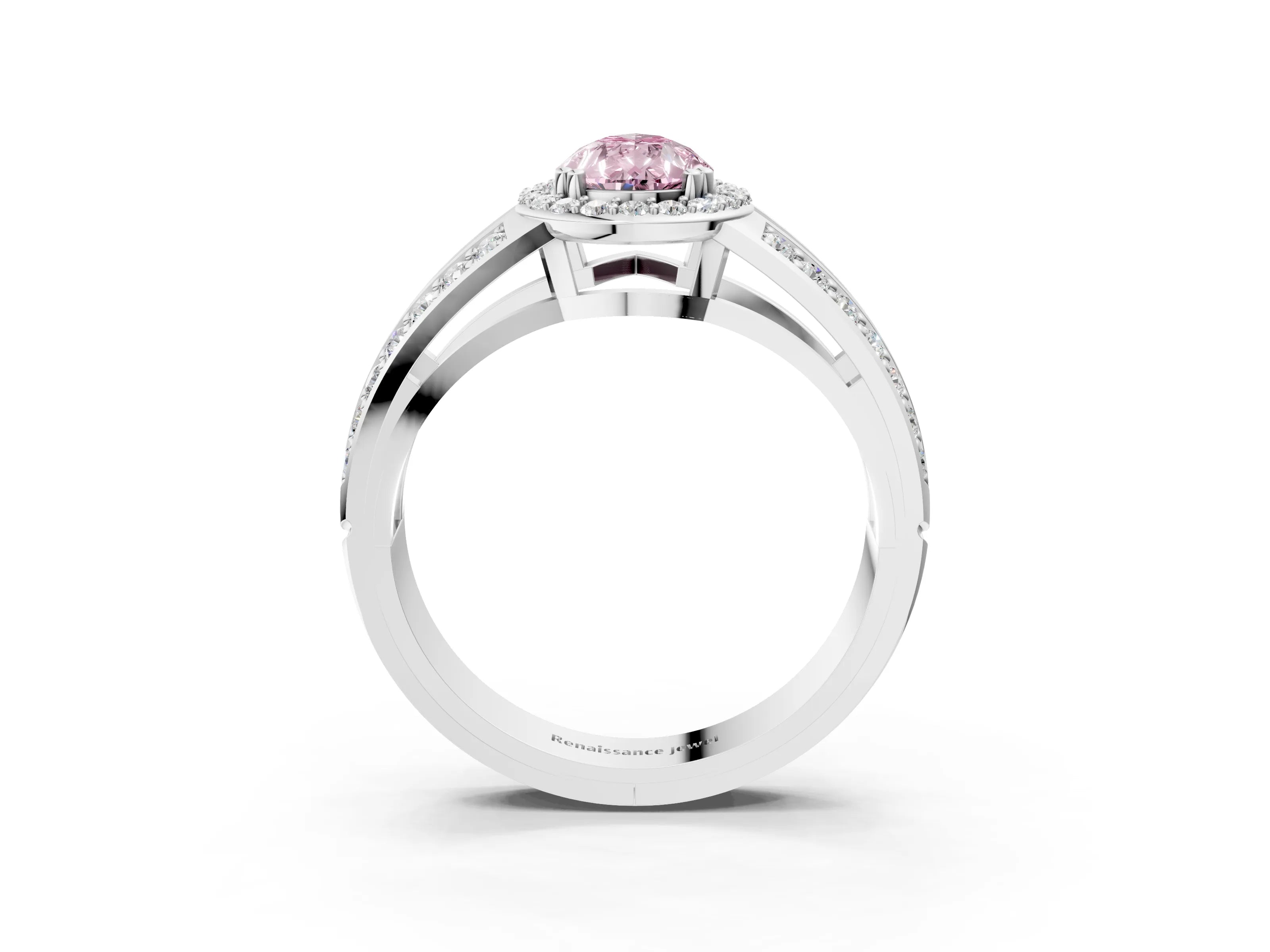 White gold Fancy Pink Pear Cut Diamond Halo Ring with Split Shank Pavé Band and Four-Prong Setting_15