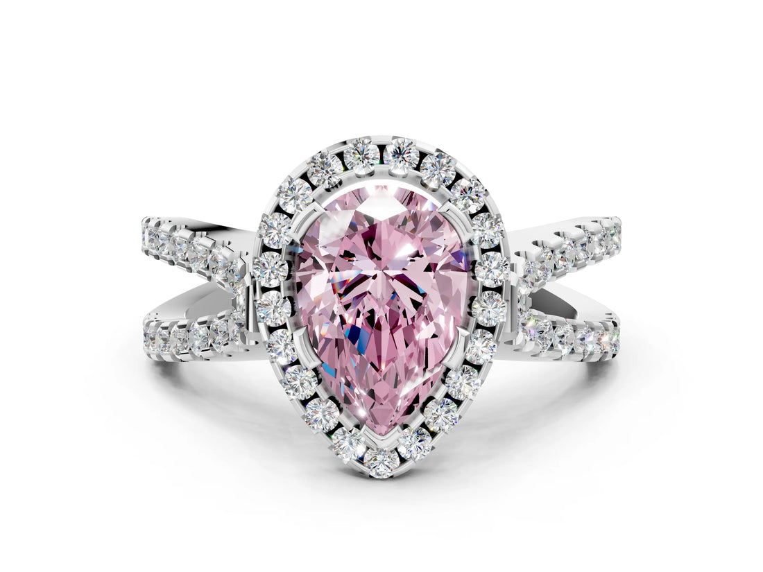 White gold Fancy Pink Pear Cut Diamond Halo Ring with Split Shank Pavé Band and Prong Setting_79