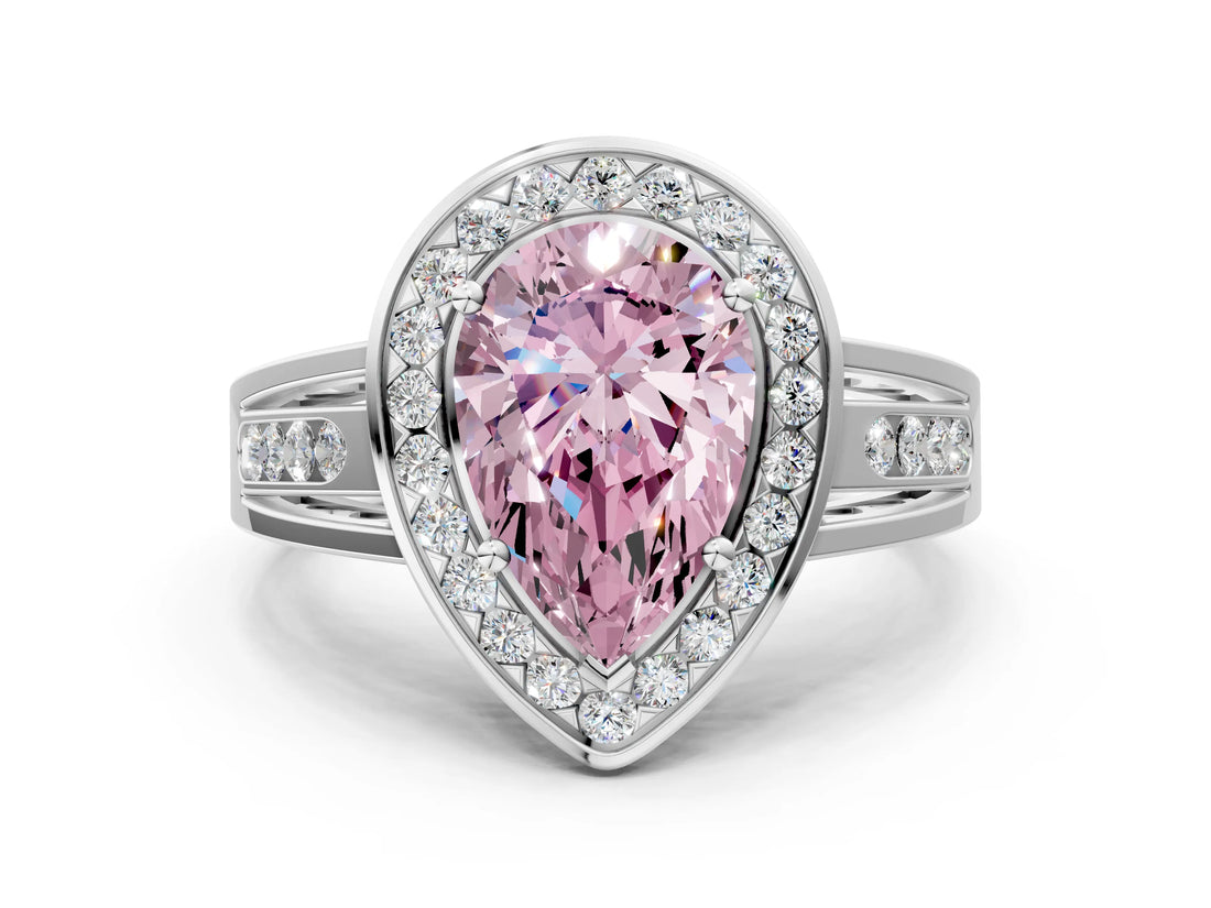 White gold Fancy Pink Pear Cut Diamond Halo Ring with Split Shank and Bezel Accents and Prong Setting