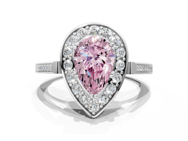 Platinum Fancy Pink Pear Cut Diamond Halo Ring with Split Shank and Four-Prong Setting