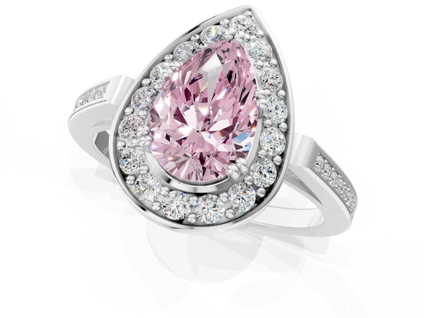 Platinum Fancy Pink Pear Cut Diamond Halo Ring with Split Shank and Four-Prong Setting