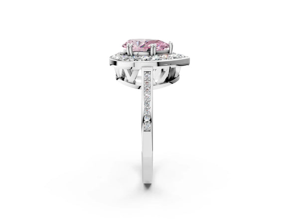 Platinum Fancy Pink Pear Cut Diamond Halo Ring with Split Shank and Four-Prong Setting