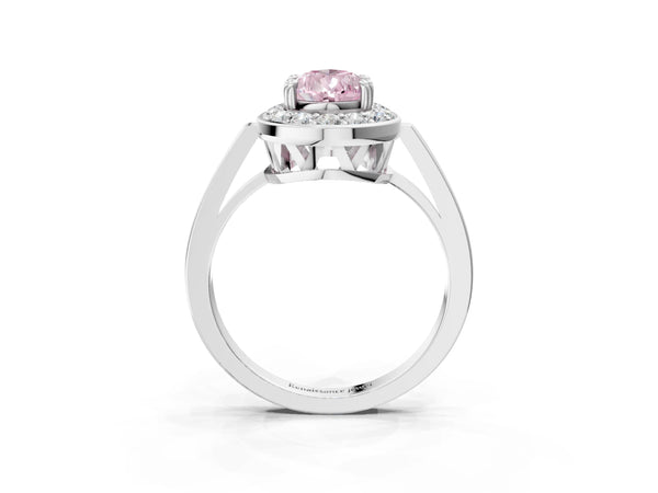 Platinum Fancy Pink Pear Cut Diamond Halo Ring with Split Shank and Four-Prong Setting