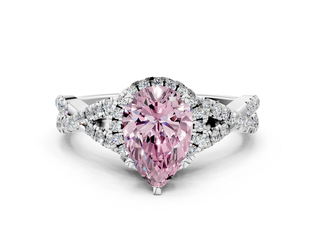 White gold Fancy Pink Pear Cut Diamond  Halo Twist Band Solitaire Prong Setting Ring_17