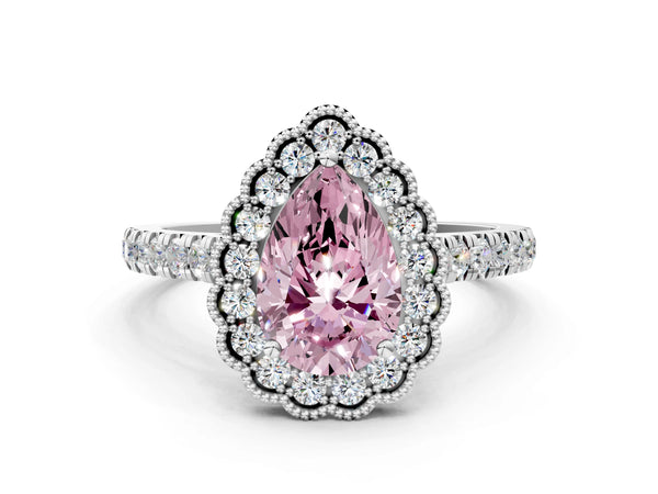 White gold Fancy Pink Pear  Cut Diamond Milgrain Floral Halo Engagement Ring with Pavé Band
