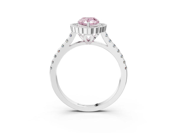 White gold Fancy Pink Pear  Cut Diamond Milgrain Floral Halo Engagement Ring with Pavé Band