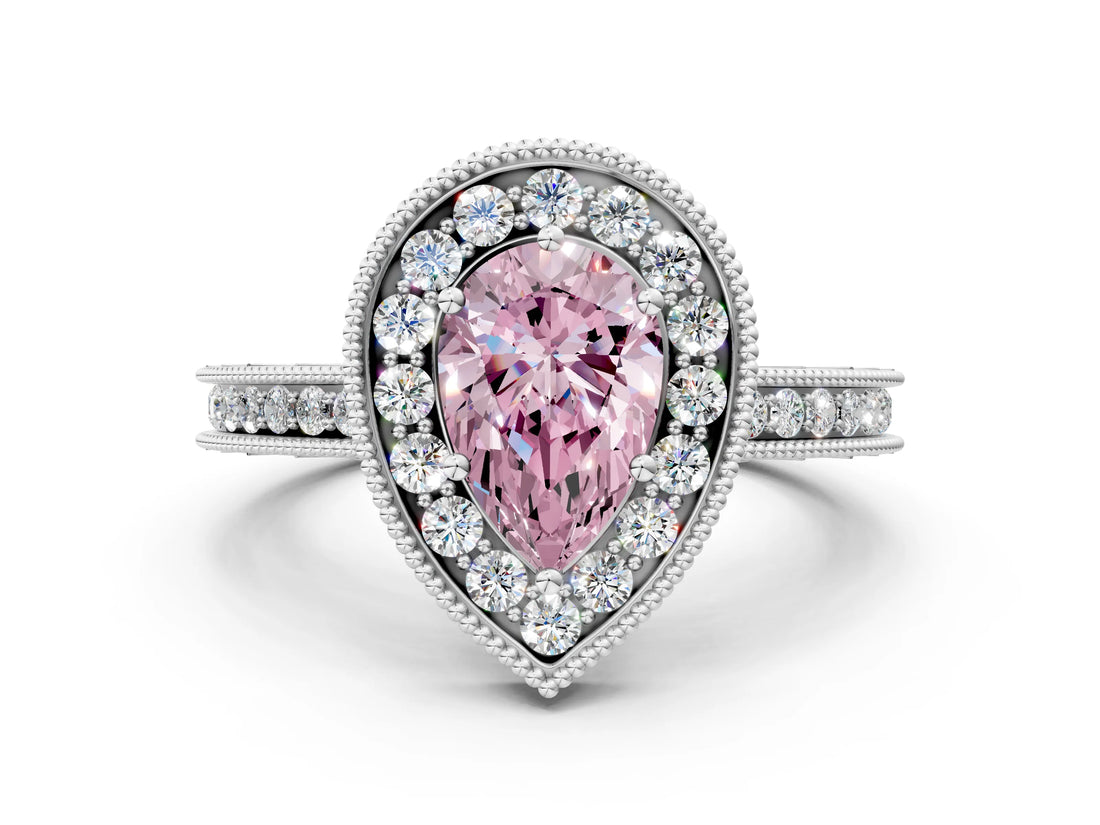 White gold Fancy Pink Pear Cut Diamond Milgrain Halo Engagement Ring with Round Pavé Band and Prong Setting_12