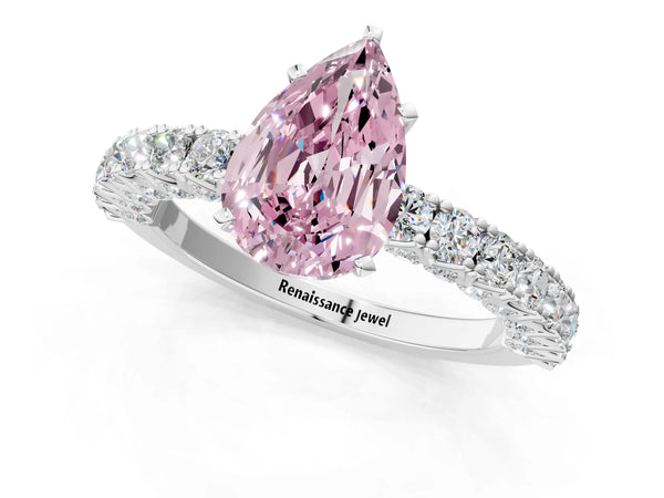 White gold Fancy Pink Pear Cut Diamond Pavé Band Solitaire Ring with Prong Setting