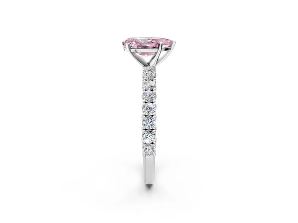 White gold Fancy Pink Pear Cut Diamond Pavé Band Solitaire Ring with Prong Setting