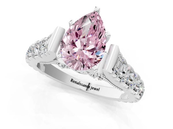 White gold Fancy Pink Pear Cut Diamond Classic Solitaire Ring with Pavé Band and Four-Prong Setting