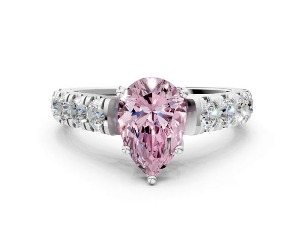 White gold Fancy Pink Pear  Cut Diamond Solitaire Ring with Micro Pave Band and Prong Setting