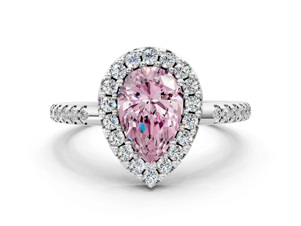 Platinum Fancy Pink Pear Cut Diamond Pavé Halo Ring with Four-Prong Setting