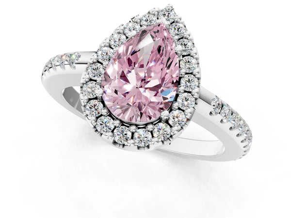 Platinum Fancy Pink Pear Cut Diamond Pavé Halo Ring with Four-Prong Setting