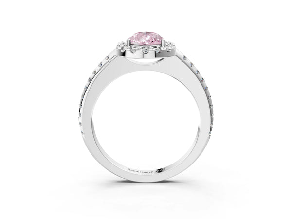 Platinum Fancy Pink Pear Cut Diamond Pavé Halo Ring with Four-Prong Setting