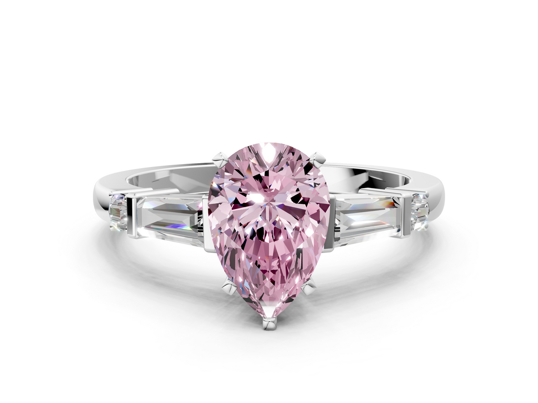 White gold Fancy Pink Pear  Cut Diamond Ring with Baguette Side Stones, Channel Set Band, and Four-Prong Setting_3