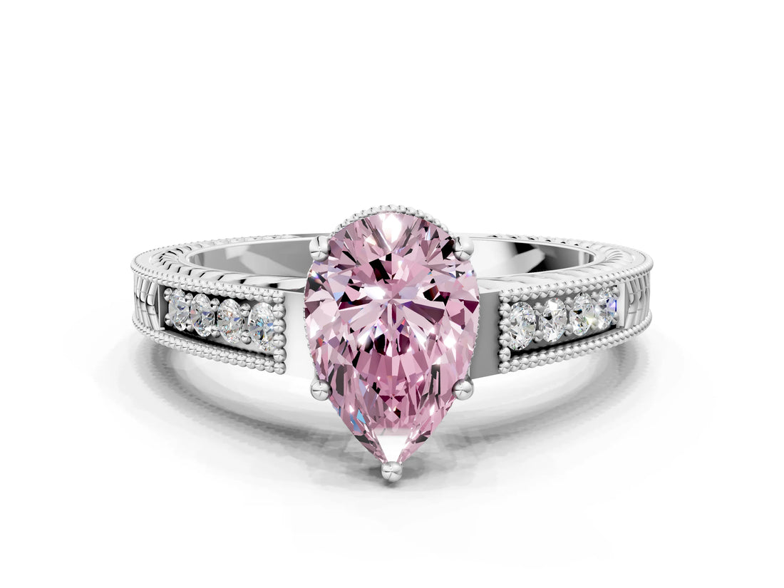 White gold Fancy Pink Pear Cut Diamond Ring with Milgrain Pavé Band and Four-Prong Setting_30