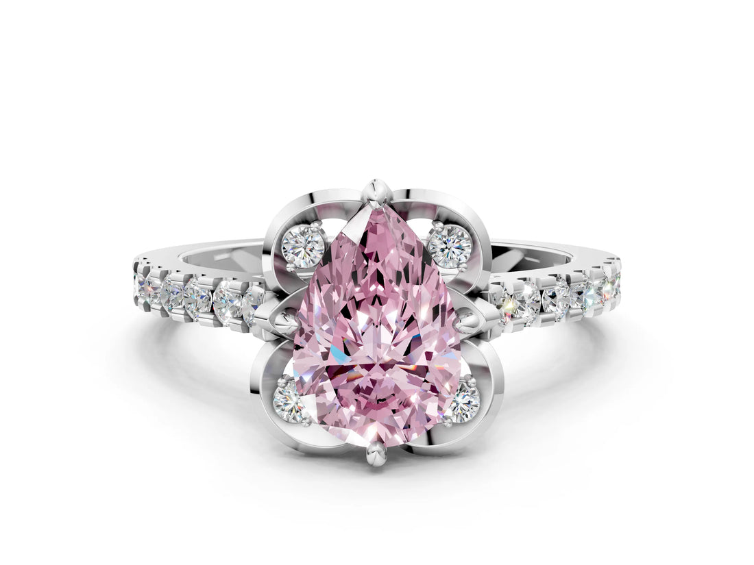 White gold Fancy Pink Pear Cut Diamond Ring with Pavé Band and Floral Prong Setting_39