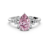 Silver 3.09 Carat Pink VS1 Pear Diamond Ring with Side Stones and Four-Prong Setting