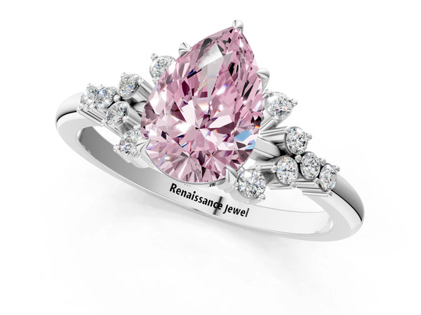 Silver 3.09 Carat Pink VS1 Pear Diamond Ring with Side Stones and Four-Prong Setting