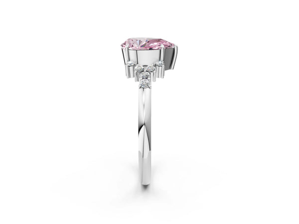 Silver 3.09 Carat Pink VS1 Pear Diamond Ring with Side Stones and Four-Prong Setting