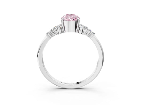 Silver 3.09 Carat Pink VS1 Pear Diamond Ring with Side Stones and Four-Prong Setting