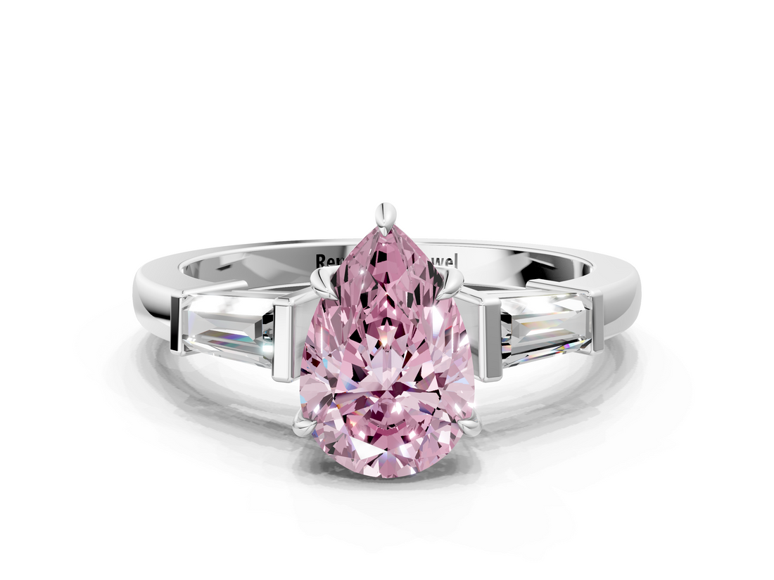 White gold Fancy Pink Pear  Cut Diamond Ring with Tapered Baguette Side Stones in Four-Prong Setting_3