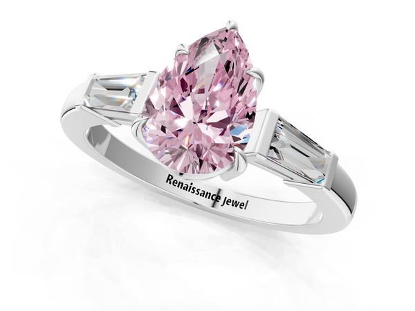 White gold Fancy Pink Pear  Cut Diamond Ring with Tapered Baguette Side Stones in Four-Prong Setting